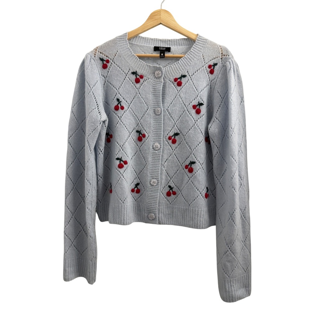 AQUA Cashmere Blue Pointelle Cherry Embroidered Button Front Cardigan Sweater L